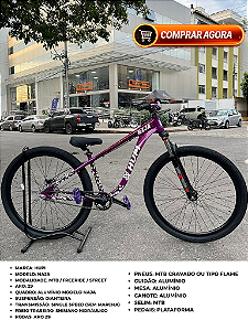 BICICLETA MTB FREERIDE ARO (29) HUPI NAJA KIT SINGLE S/MARCHA FREIO DISC HIDRÁULICO TRASEIRO SHIMANO COR ROXO/BRANCO