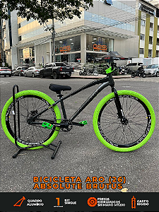 BICICLETA MTB FREERIDE ARO (26) ABSOLUTE BRUTUS KIT SINGLE (S/MARCHA) FREIO DISC HIDRÁULICO MT200 COR GRAFITE/VERDE