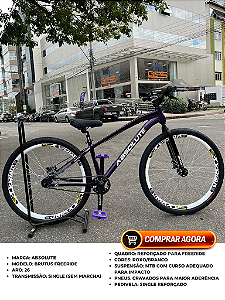 BICICLETA MTB FREERIDE ARO (26) ABSOLUTE BRUTUS KIT SINGLE (S/MARCHA) FREIO DISC HIDRÁULICO MT200 COR ROXA/BRANCO