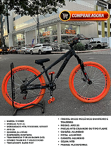 BICICLETA MTB FREERIDE ARO (26) VIKINGX TUFF-25 KIT 7 VELOCIDADES FREIO A DISCO MECÂNICO COR GRAFITE/LARANJA