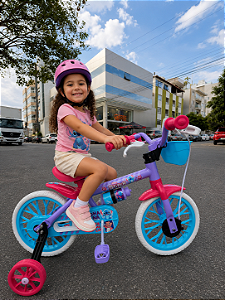 BICICLETA ARO (12) FEMININA ROXO/AZUL/CORAL S/MARCHA FREIO V-BRAKE NATHOR STITCH