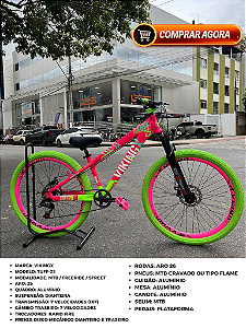 BICICLETA MTB FREERIDE ARO (26) VIKINGX TUFF-25 KIT 7 VELOCIDADES FREIO A DISCO MECÂNICO COR ROSA/VERDE