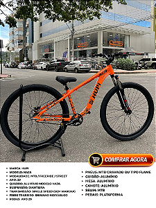 BICICLETA MTB FREERIDE ARO (29) HUPI NAJA KIT SINGLE S/MARCHA FREIO DISC HIDRÁULICO TRASEIRO SHIMANO COR LARANJA/PRETO