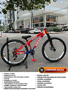 BICICLETA MTB FREERIDE ARO (26) VIKINGX TUFF-25 KIT 7 VELOCIDADES FREIO A DISCO MECÂNICO COR VERMELHO/AZUL/BRANCO