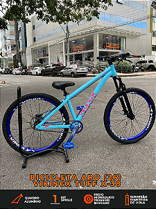 BICICLETA MTB FREERIDE ARO (26) VIKINGX TUFF-38 KIT SINGLE S/MARCHA FREIO DISC HIDRÁULICO SHIMANO COR AZUL/ROSA/AZUL