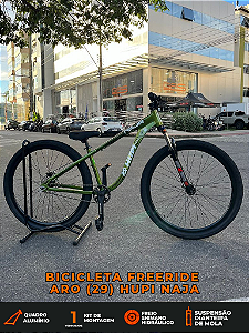 BICICLETA MTB FREERIDE ARO (29) HUPI NAJA KIT SINGLE S/MARCHA FREIO DISC HIDRÁULICO TRASEIRO SHIMANO COR VERDE/PRETO