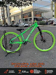 BICICLETA MTB FREERIDE ARO (26) VELOOH ATTACK 7 VELOCIDADES (1X7) FREIO A DISCO MECÂNICO COR VERDE