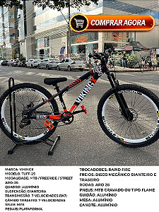 BICICLETA MTB FREERIDE ARO (26) VIKINGX TUFF-25 KIT 7 VELOCIDADES (1X7) FREIO A DISCO MECÂNICO COR ROXO/LARANJA