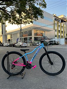 BICICLETA MTB ARO (29) ABSOLUTE HERA 21 VELOCIDADES FREIO A DISCO MECÂNICO TAMANHO 15 (P) COR AZUL/ROSA