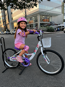 BICICLETA ARO (20) FEMININA CALOI CECI S/ MARCHA FREIO V-BRAKE COM CESTA COR BRANCO/ROXO