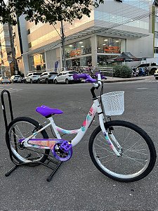 BICICLETA ARO (20) FEMININA CALOI CECI S/ MARCHA FREIO V-BRAKE COM CESTA COR BRANCO/ROXO