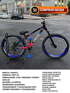 BICICLETA MTB FREERIDE ARO (26) VIKINGX TUFF-30 KIT 7 VELOCIDADES (1X7) FREIO A DISCO MECÂNICO COR PRETO/ROSA/AZUL