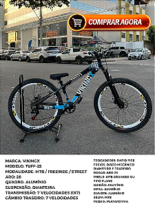 BICICLETA MTB FREERIDE ARO (26) VIKINGX TUFF-25 KIT 7 VELOCIDADES (1X7) FREIO A DISCO MECÂNICO COR PRETO/AZUL/BRANCO