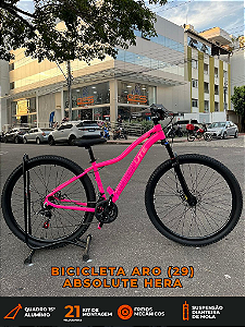 BICICLETA MTB ARO (29) ABSOLUTE HERA 21 VELOCIDADES FREIO A DISCO MECÂNICO TAMANHO 15 (P) COR ROSA PINK