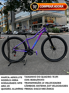BICICLETA MTB ARO (29) ABSOLUTE HERA 21 VELOCIDADES FREIO A DISCO MECÂNICO TAMANHO 15 (P) COR ROXO/ROSA