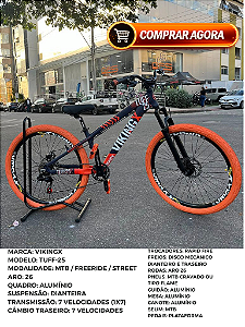 BICICLETA MTB FREERIDE ARO (26) VIKINGX TUFF-25 KIT 7 VELOCIDADES (1X7) FREIO A DISCO MECÂNICO COR ROXO/LARANJA