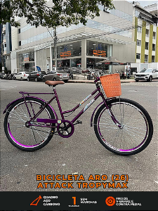 BICICLETA ARO (26) FEMININA COR VIOLETA S/MARCHA FREIO V/BRAKE (A MÃO) E FREIO CONTRA PEDAL MARCA ATTACK TROPYMAX
