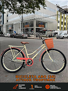 BICICLETA ARO (26) FEMININA COR BEGE/SALMON S/MARCHA FREIO V/BRAKE (A MÃO) E FREIO CONTRA/PEDAL MARCA ATTACK TROPYMAX