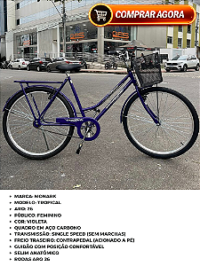 BICICLETA ARO (26) FEMININA COR VIOLETA S/MARCHA FREIO CONTRAPEDAL (A PÉ) MARCA MONARK TROPICAL