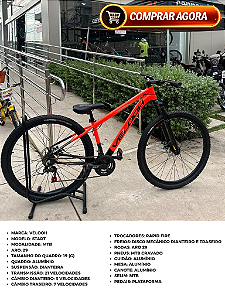 BICICLETA MTB ARO (29) VELOOH START 21 VELOCIDADES FREIO A DISCO MECÂNICO TAMANHO 19 (G) COR LARANJA/PRETO