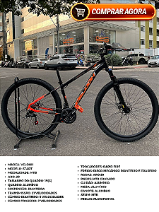 BICICLETA MTB ARO (29) VELOOH START 21 VELOCIDADES FREIO A DISCO MECÂNICO TAMANHO 19 (G) COR PRETO/LARANJA