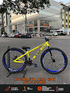 BICICLETA MTB FREERIDE ARO (26) HUPI STRIP KIT SINGLE (SEM MARCHA) FREIO DISC TRASEIRO SHIMANO MT200 COR AMARELO/AZUL