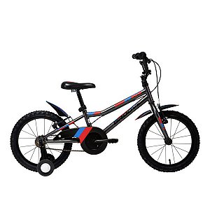 BICICLETA ARO (16) MASCULINA COR GRAFITE/AZUL/VERMELHA S/MARCHA FREIO V-BRAKE MARCA GROOVE RAGGA