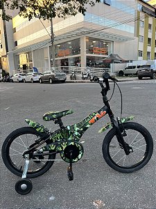 BICICLETA ARO (16) MASCULINA COR CAMUFLADA VERDE S/MARCHA FREIO V-BRAKE MARCA GROOVE