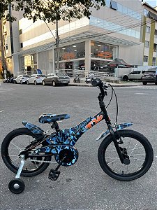 BICICLETA ARO (16) MASCULINA COR CAMUFLADA AZUL S/MARCHA FREIO V-BRAKE MARCA GROOVE