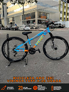 BICICLETA MTB FREERIDE ARO (26) VIKINGX TUFF X-25 CAMBIO 21 VELOCIDADES FREIO DISC MECÂNICO COR AZUL/LARANJA (USADA)