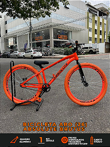 BICICLETA MTB FREERIDE ARO (26) ABSOLUTE BRUTUS KIT SINGLE (S/MARCHA) FREIO DISC HIDRÁULICO MT200 COR LARANJA/AZUL