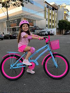 BICICLETA ARO (20) FEMININA COLLI CELINA SEM MARCHA FREIO V-BRAKE COM CESTA AZUL CHAMPANHE/ ROSA NEON