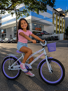 BICICLETA ARO (20) FEMININA COLLI CELINA SEM MARCHA FREIO V-BRAKE COM CESTA BRANCO/LILAS