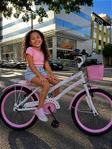 BICICLETA ARO (20) FEMININA COLLI CELINA SEM MARCHA FREIO V-BRAKE COM CESTA BRANCO/ROSA