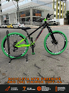 BICICLETA MTB FREERIDE ARO (26) VIKINGX TUFF-44 KIT 7 VELOCIDADES FREIO DISC MECÂNICO COR PRETO/VERDE/ROSA