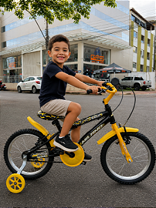 BICICLETA ARO (16) MASCULINA COR PRETO/AMARELO S/MARCHA V-BRAKE MARCA MILANO CARTOON BAT