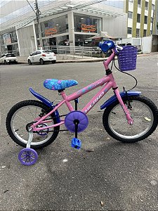BICICLETA ARO (16) FEMININA COR ROSA/LILAS/AZUL S/MARCHA V-BRAKE MARCA MILANO CARTOON ALOHA