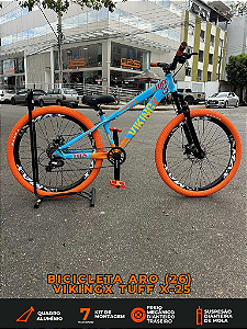 BICICLETA MTB FREERIDE ARO (26) VIKINGX TUFF X-25 CAMBIO 7 VELOCIDADES FREIO DISC MECÂNICO COR AZUL/LARANJA