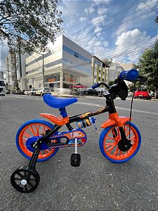 BICICLETA ARO (12) MASCULINA PRETO/LARANJA/AZUL S/MARCHA FREIO V-BRAKE NATHOR HOT WEELS