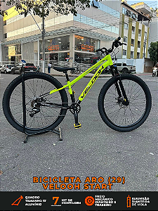 BICICLETA MTB ARO (29) VELOOH START 7 VELOCIDADES (1X7) FREIO A DISCO MECÂNICO TAMANHO 13 (PP) COR AMARELO NEON/PRETO