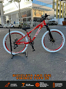 BICICLETA MTB FREERIDE ARO (26) VIKINGX TUFF-25 KIT 7 VELOCIDADES (1X7) FREIO A DISCO MECÂNICO COR VERMELHO/BRANCO