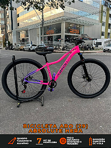 BICICLETA MTB ARO (29) ABSOLUTE HERA 7 VELOCIDADES (1X7) FREIO A DISCO MECÂNICO TAMANHO 15 (P) COR ROXO/ROSA