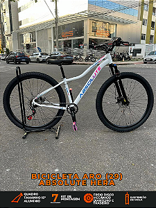 BICICLETA MTB ARO (29) ABSOLUTE HERA 7 VELOCIDADES (1X7) FREIO A DISCO MECÂNICO TAMANHO 15 (P) COR BRANCO/ROSA