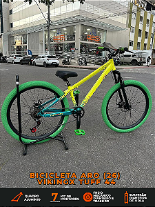 BICICLETA MTB FREERIDE ARO (26) VIKINGX TUFF X-44 CAMBIO 7 VELOCIDADES FREIO DISC MECÂNICO COR AMARELO/VERDE