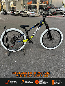 BICICLETA MTB FREERIDE ARO (26) VIKINGX TUFF-25 KIT 7 VELOCIDADES (1X7) FREIO A DISCO MECÂNICO COR PRETO/NEON/BRANCO