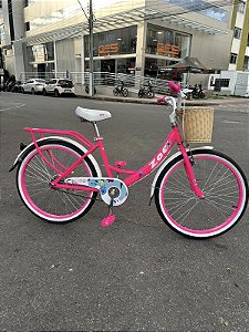 BICICLETA ARO (24) FEMININA COR ROSA/BRANCO SEM MARCHA FREIOS V-BRAK DIANTEIRO E TAMBOR TRASEIRO MARCA PRO-X ZOE