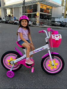 BICICLETA ARO (16) FEMININA COR BRANCO/ROSA SEM MARCHA FREIO V-BRAK PRO-X MAGIC JOY CESTA DE CORAÇÃO