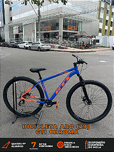 BICICLETA MTB ARO (29) GTI CHROMA 7 VELOCIDADES (1X7) FREIO A DISCO MECÂNICO TAMANHO 17 (M) AZUL/LARANJA