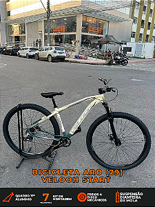 BICICLETA MTB ARO (29) VELOOH START 7 VELOCIDADES FREIO A DISCO MECÂNICO TAMANHO 17 (M) COR BEGE/VERDE MILITAR