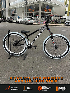 BICICLETA MTB FREERIDE ARO (26) HUPI STRIP KIT SINGLE (SEM MARCHA) FREIO DISC TRASEIRO SHIMANO MT200 COR PRETO/BRANCO